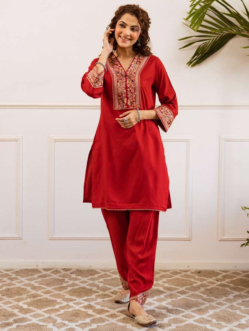 women embroidered bell sleeve ethnic co-ord set - 22037026 - Standard Image - 1