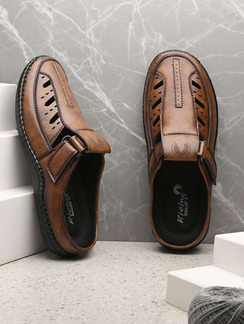 men solid brown slip on sandal - 22037041 - Standard Image - 1