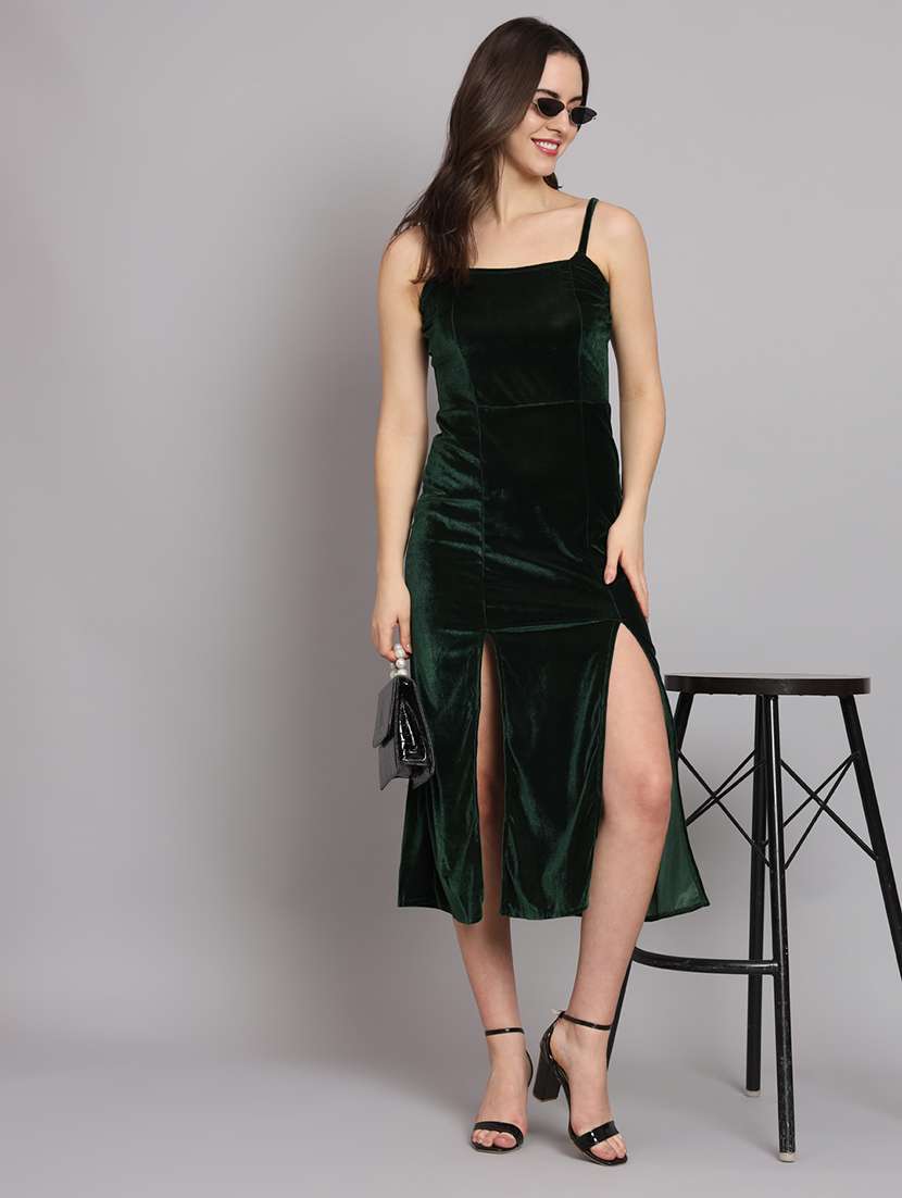 women solid shoulder strap velvet sheath dress