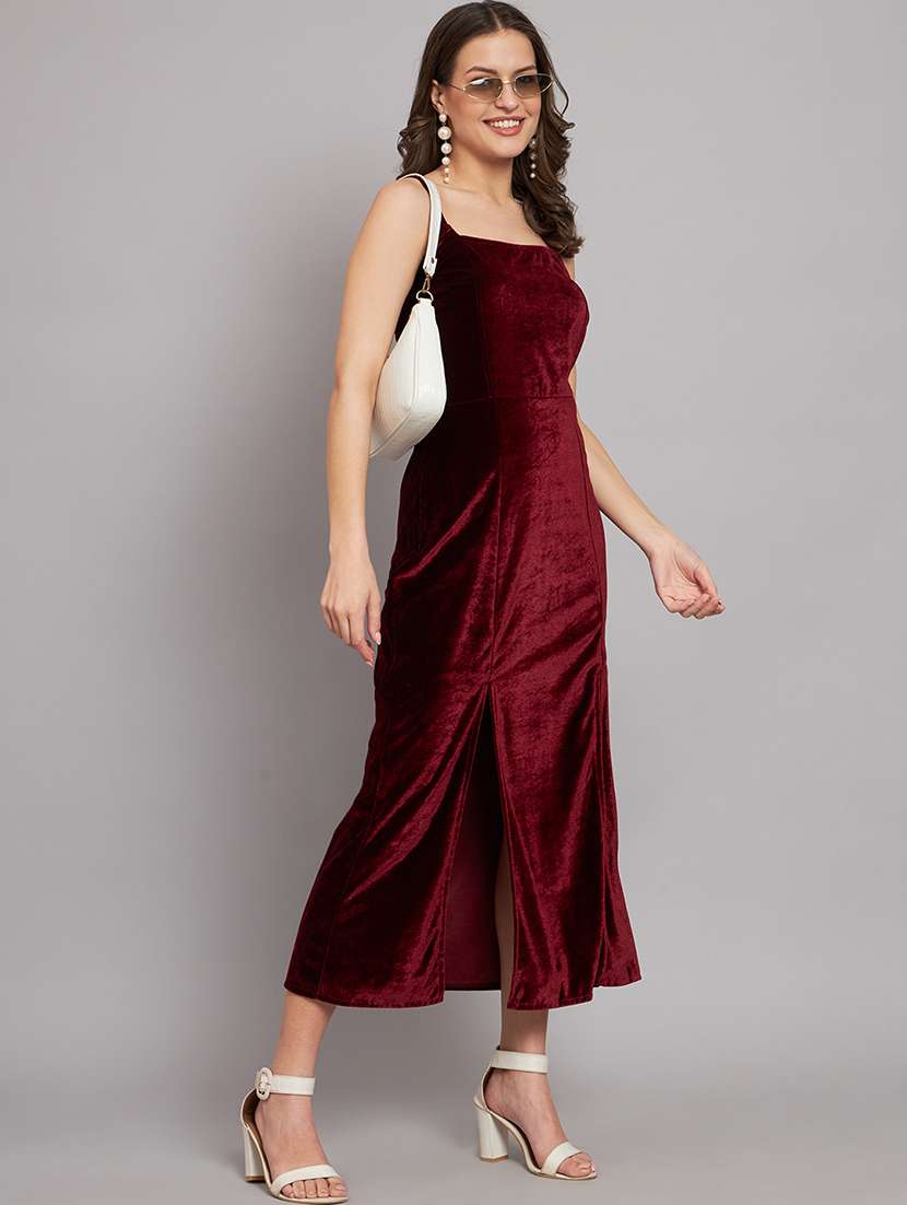 women solid shoulder strap velvet sheath dress