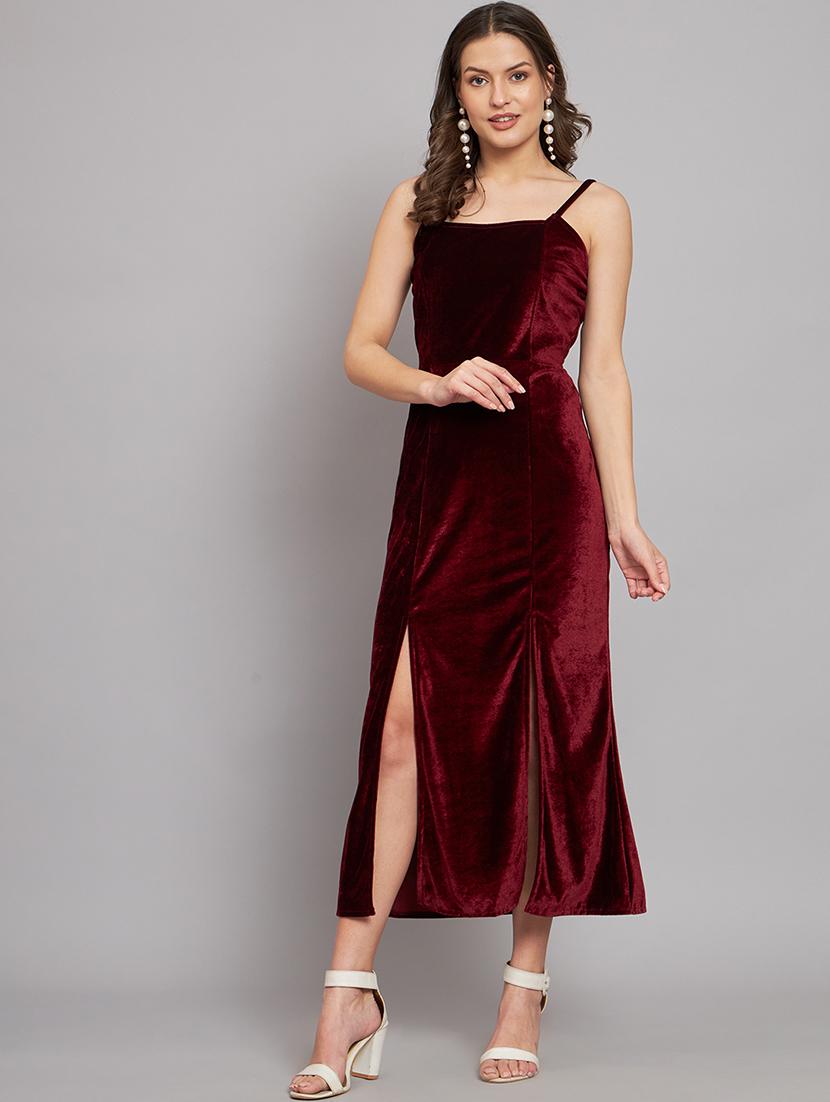 women solid shoulder strap velvet sheath dress - 22037050 -  Standard Image - 1