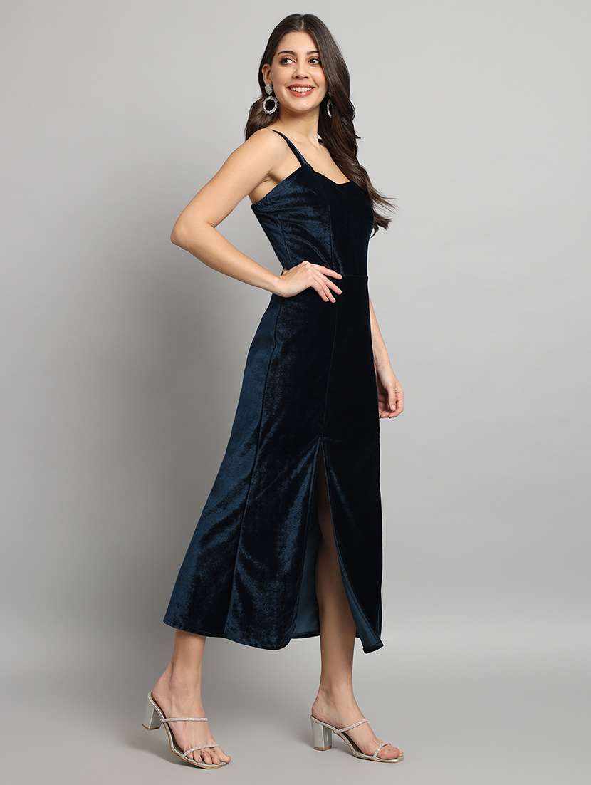 women solid shoulder strap velvet sheath dress - 22037051 - Standard Image - 1