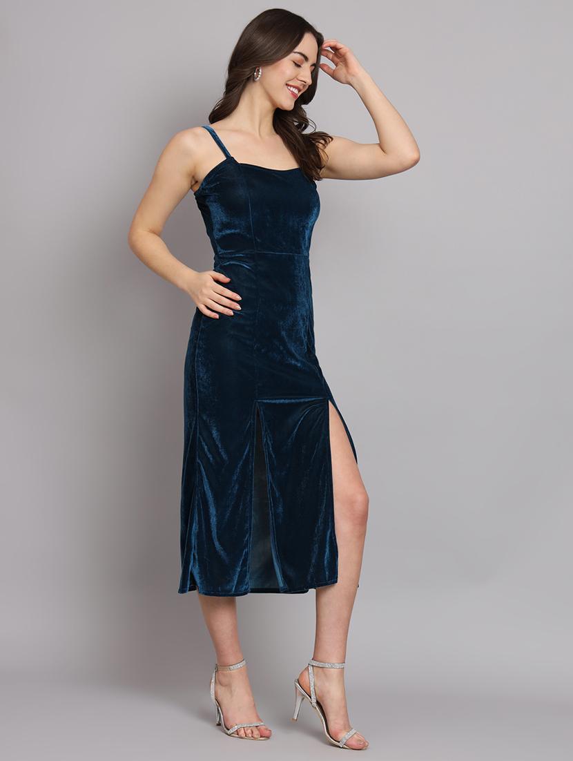 women solid shoulder strap velvet sheath dress - 22037052 - Standard Image - 1