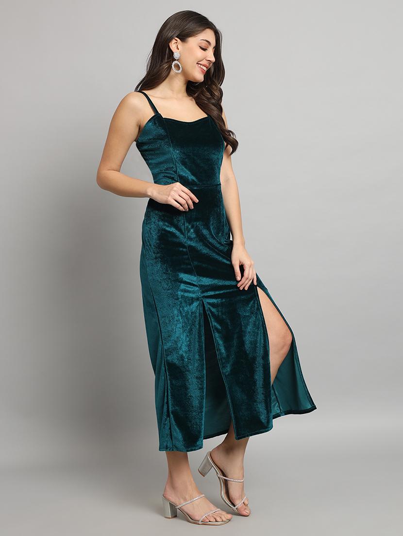 women solid shoulder strap velvet sheath dress - 22037053 - Standard Image - 1