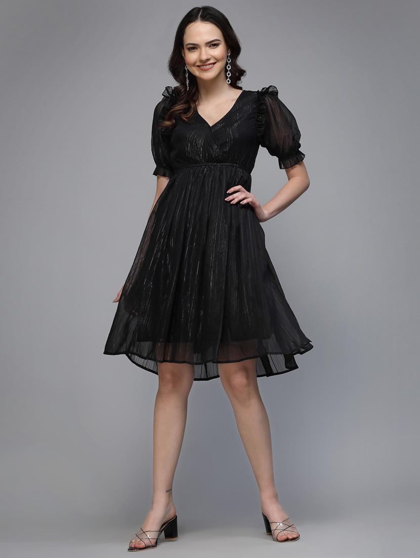 women solid puff sleeve fit & flare dress - 22037054 - Standard Image - 1