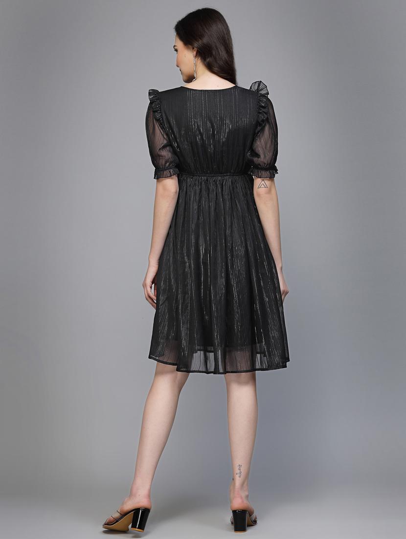 women solid puff sleeve fit & flare dress - 22037054 - Standard Image - 4