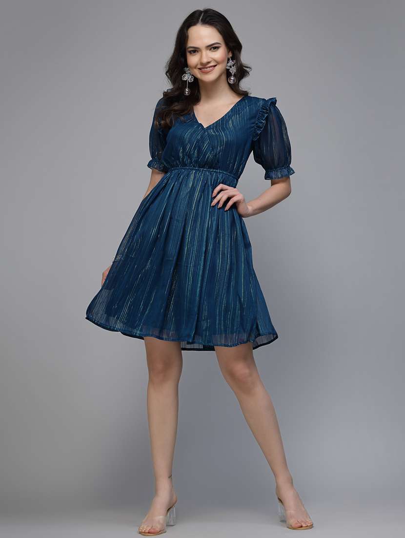 women solid puff sleeve fit & flare dress - 22037055 -  Standard Image - 1