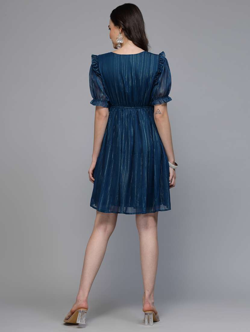 women solid puff sleeve fit & flare dress - 22037055 -  Standard Image - 4