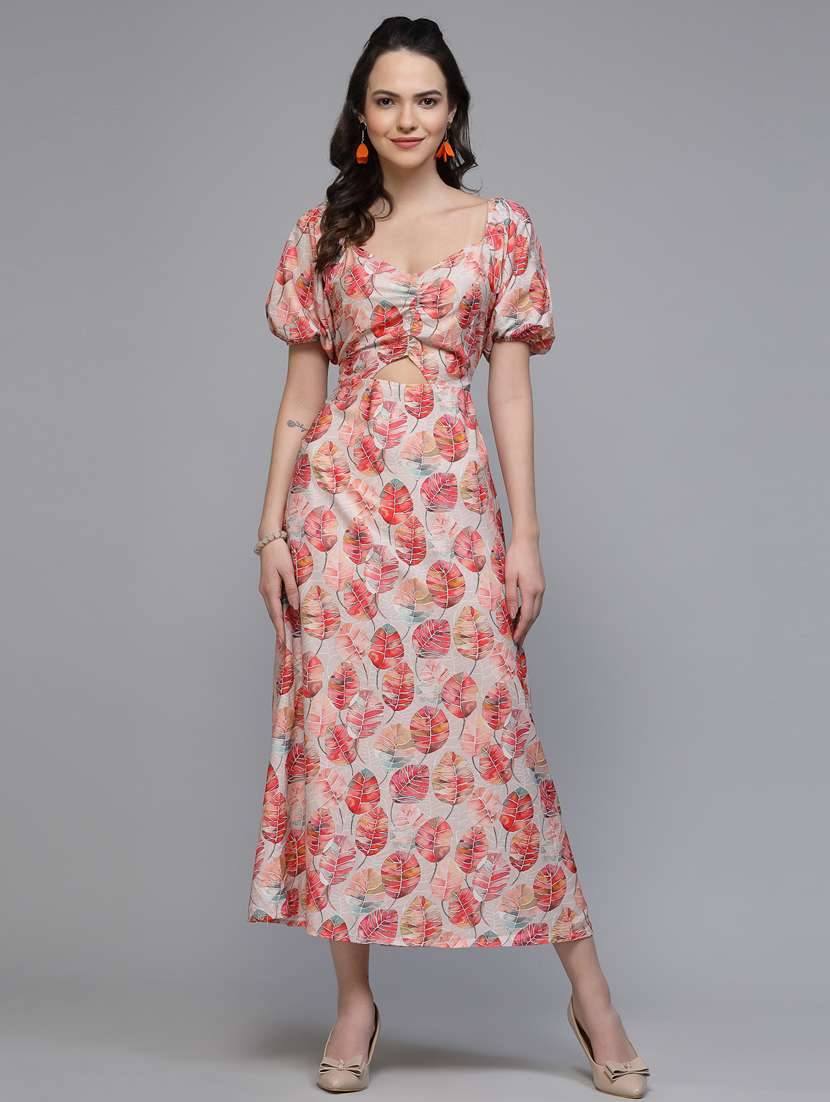 women floral print puff sleeve cut out a-line dress - 22037061 - Standard Image - 1