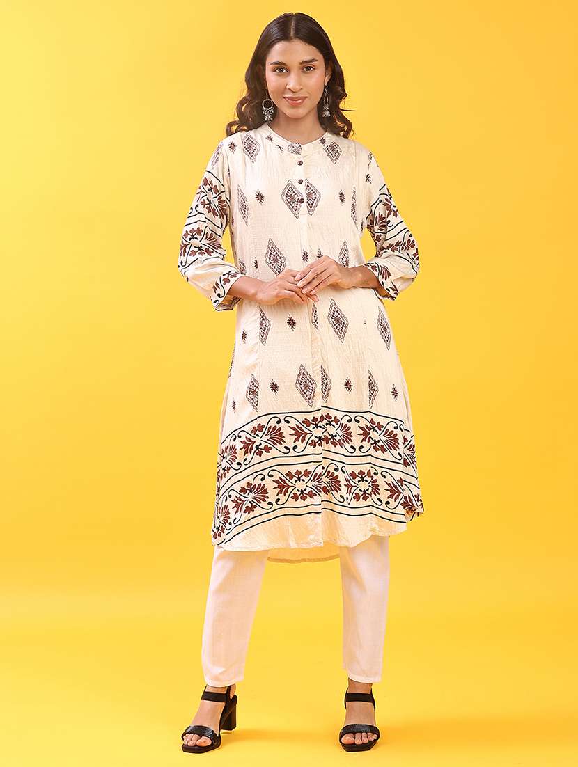 women printed mandarin neck a-line kurta