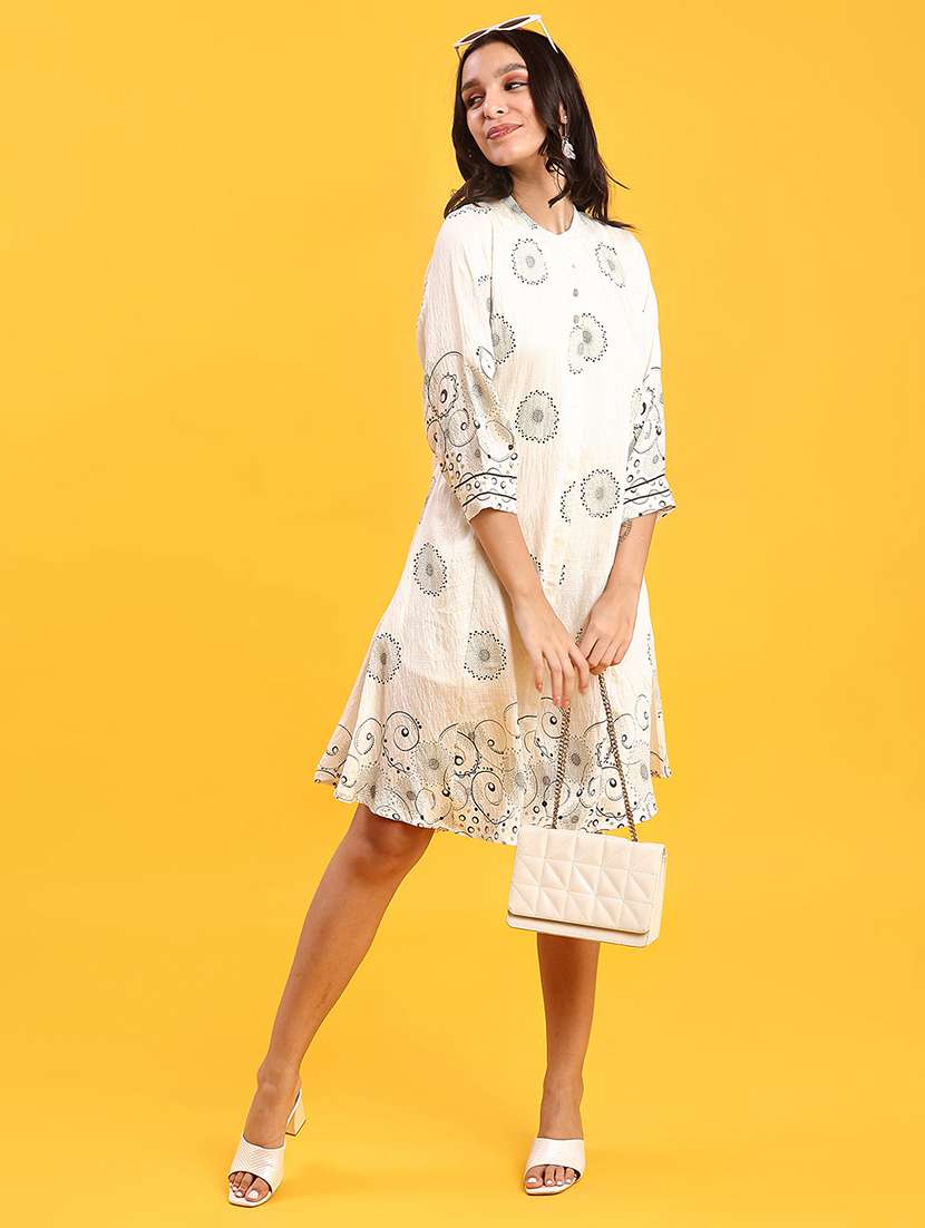 women printed mandarin neck a-line dress - 22037420 -  Standard Image - 1