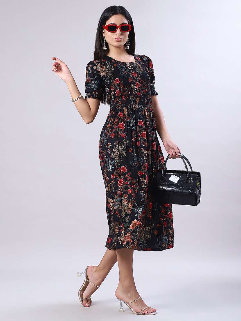 women floral print puff sleeve fit & flare dress - 22037548 -  Standard Image - 1