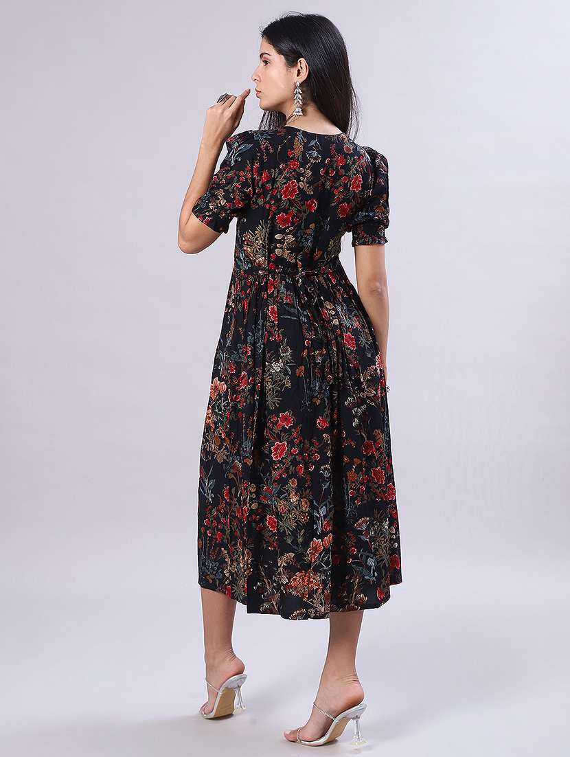 women floral print puff sleeve fit & flare dress - 22037548 -  Standard Image - 4
