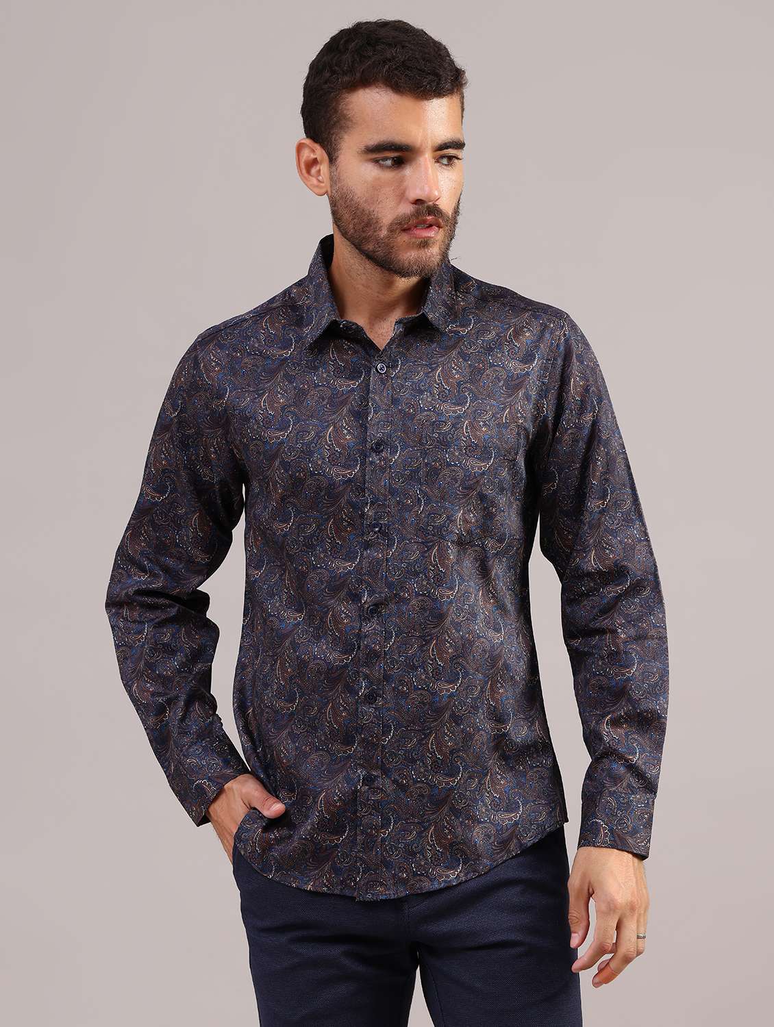 men printed collared long sleeve shirt - 22037656 -  Standard Image - 1