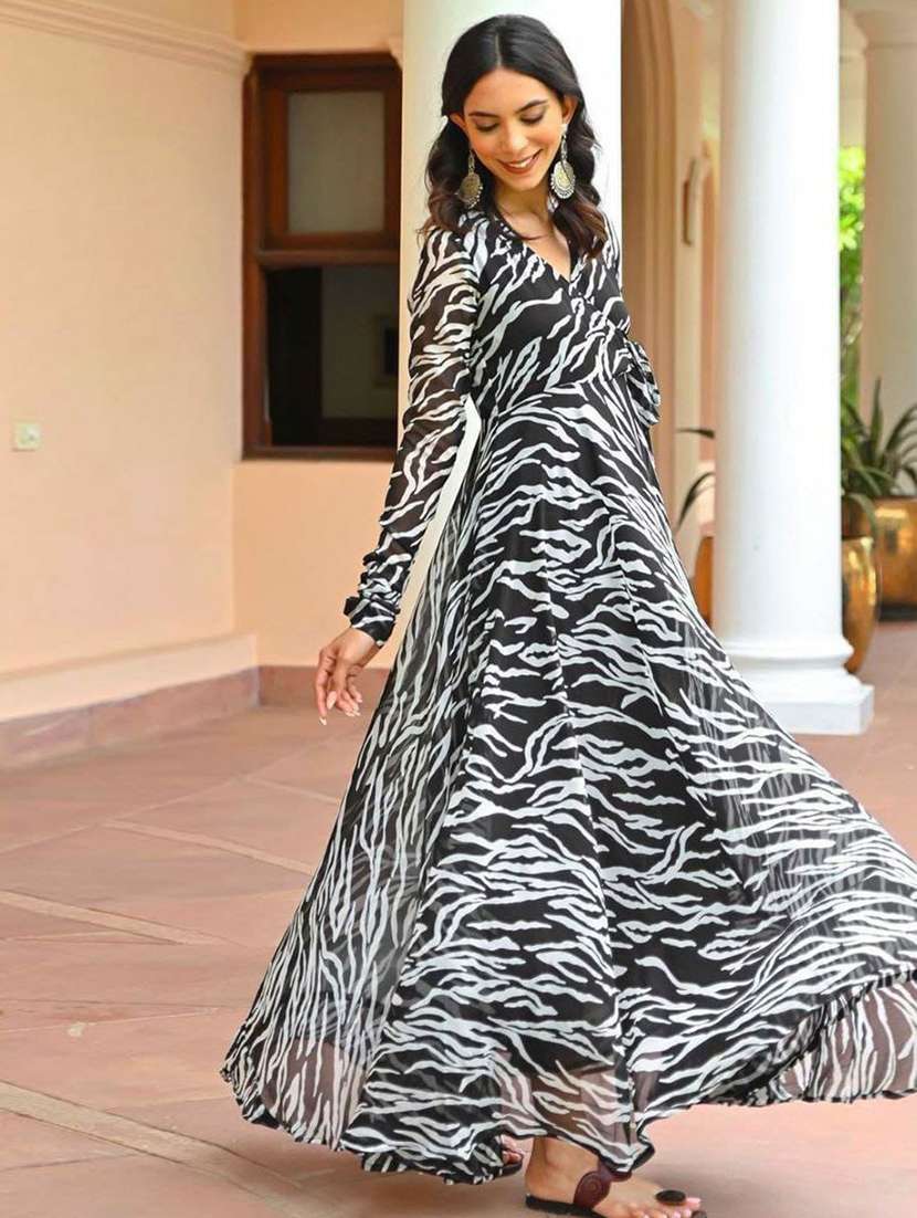 women black printed long sleeve fit & flare dress - 22037772 -  Standard Image - 1