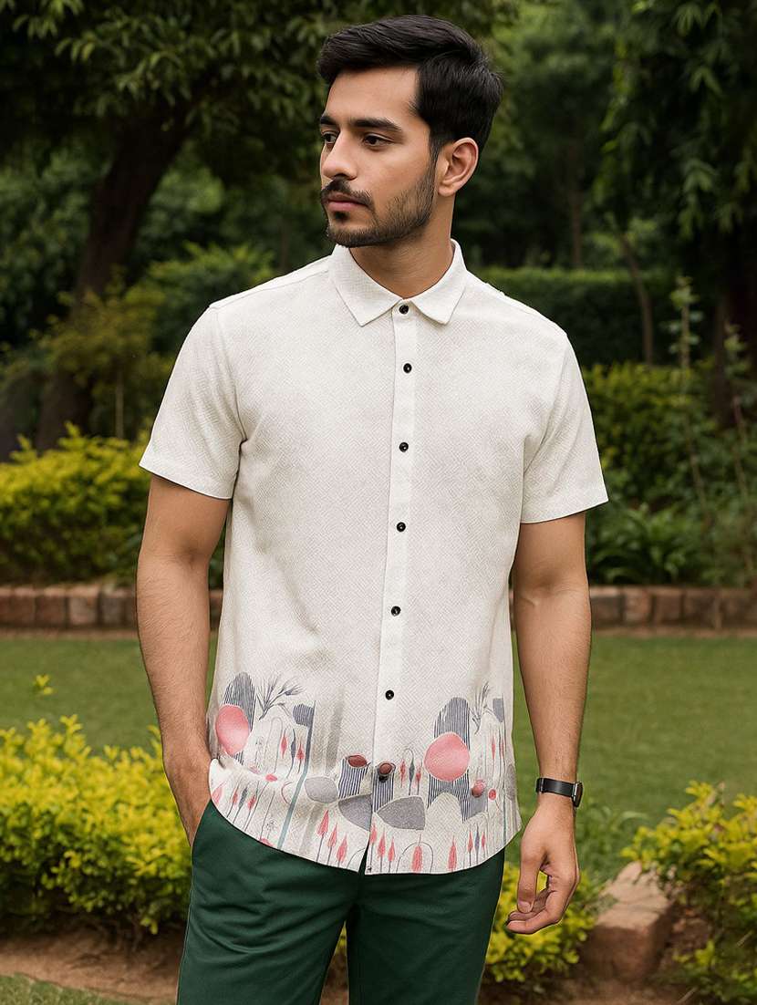 men printed collared short sleeve casual shirt