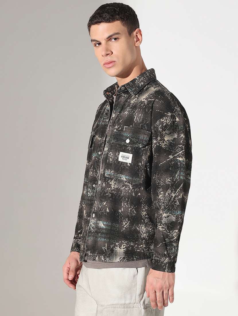 men printed collared long sleeve shacket - 22037873 -  Standard Image - 1