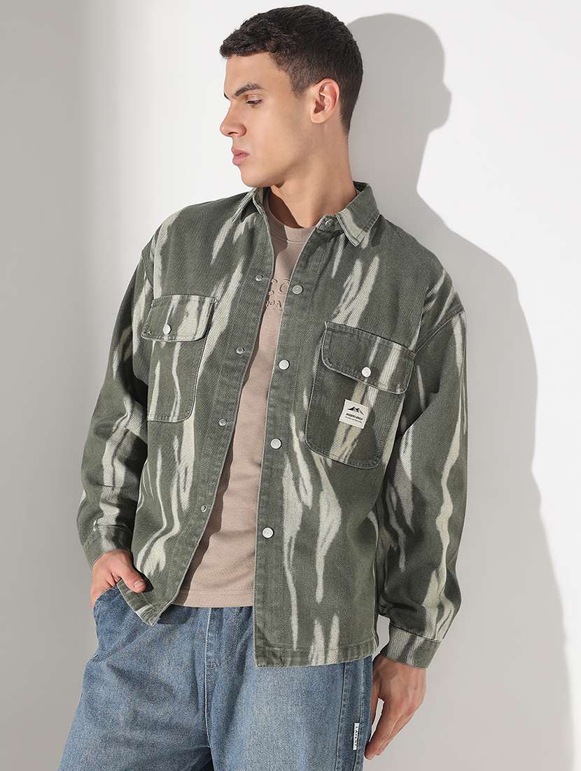 men printed collared long sleeve shacket - 22037875 -  Standard Image - 1