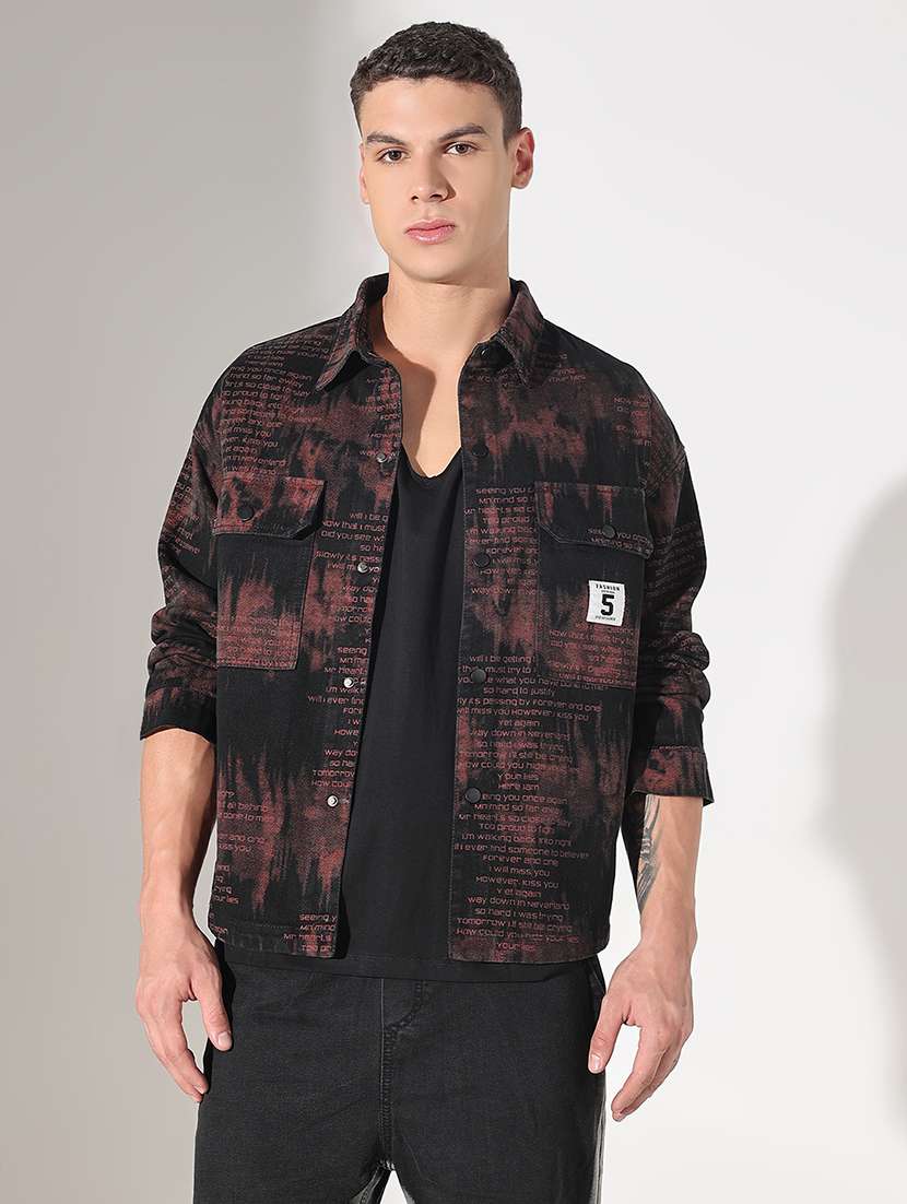 men printed collared long sleeve shacket - 22037876 -  Standard Image - 1