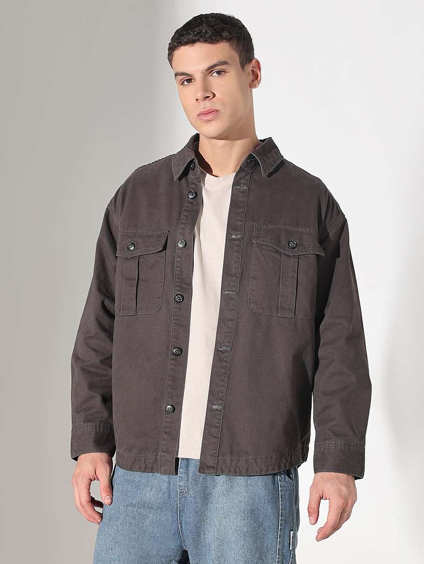 men solid collared long sleeve shacket - 22037878 -  Standard Image - 1