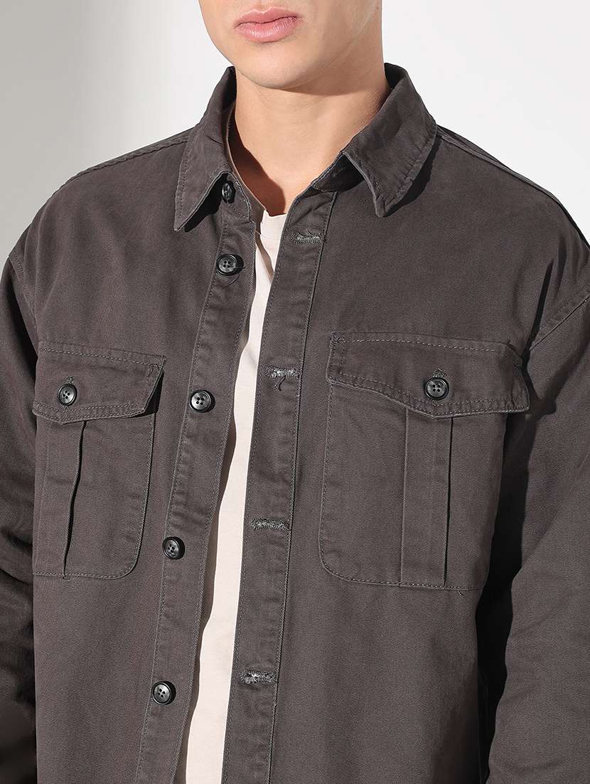 men solid collared long sleeve shacket - 22037878 -  Standard Image - 4
