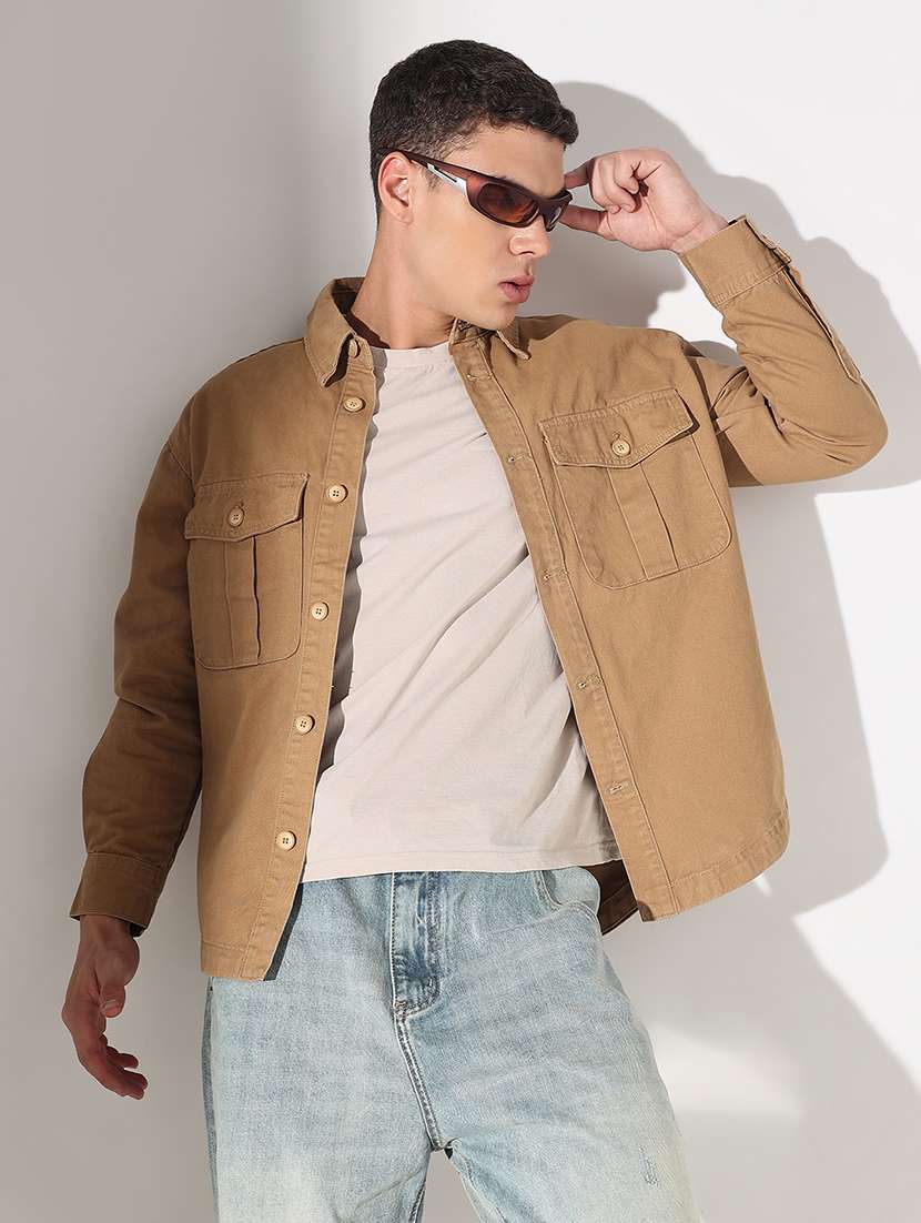 men solid collared long sleeve shacket
