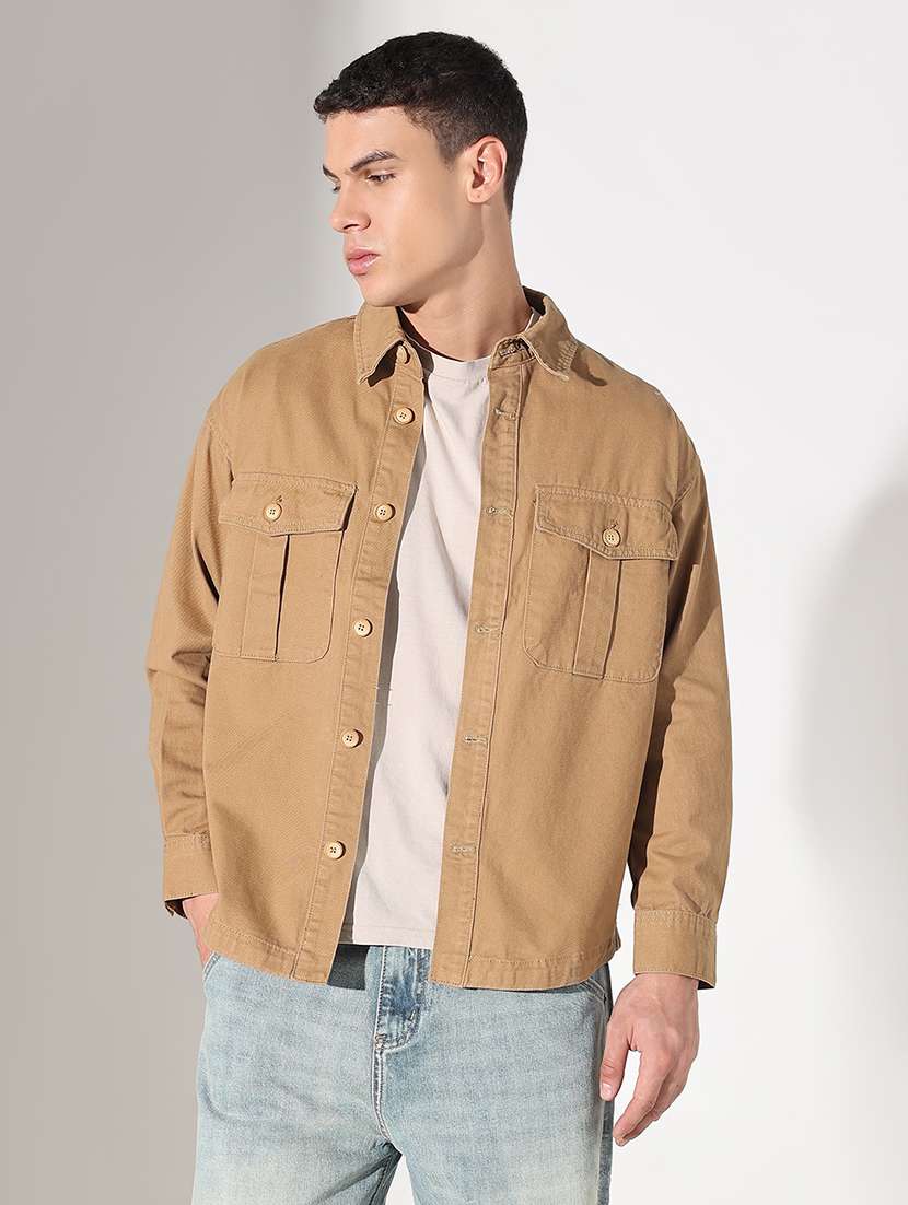 men solid collared long sleeve shacket - 22037879 -  Standard Image - 1