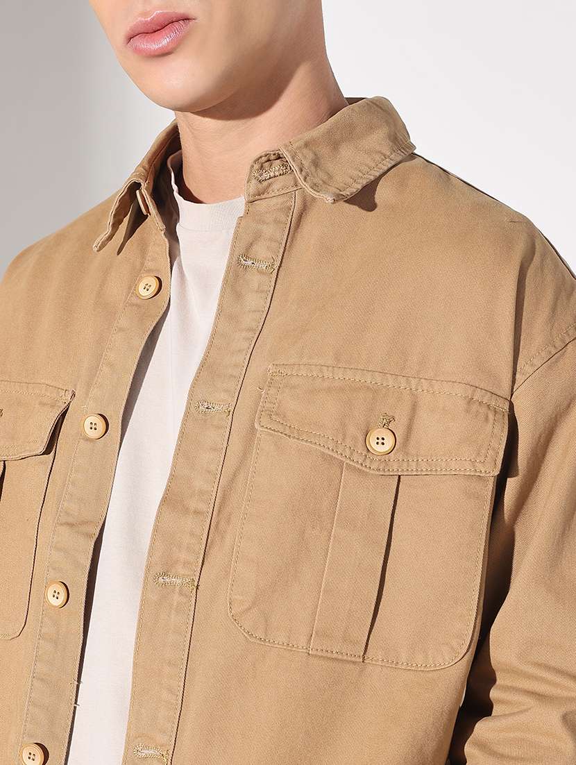 men solid collared long sleeve shacket - 22037879 -  Standard Image - 4