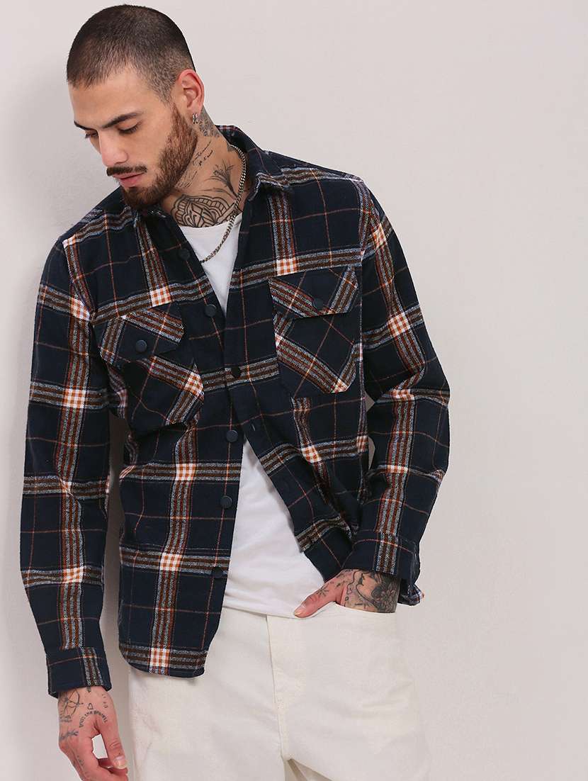 men checkered collared long sleeve shacket