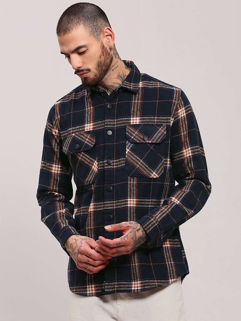 men checkered collared long sleeve shacket - 22037880 -  Standard Image - 1