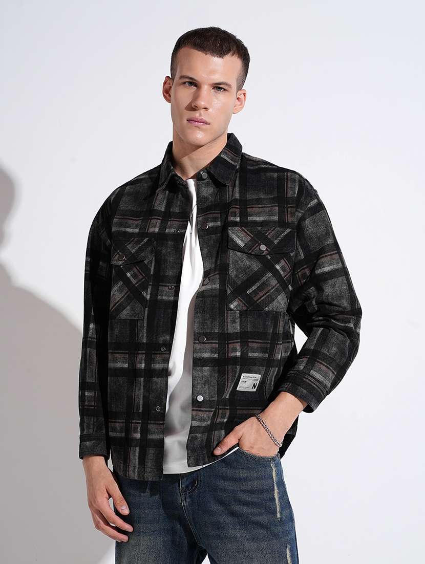 men checkered collared long sleeve shacket - 22037881 -  Standard Image - 1