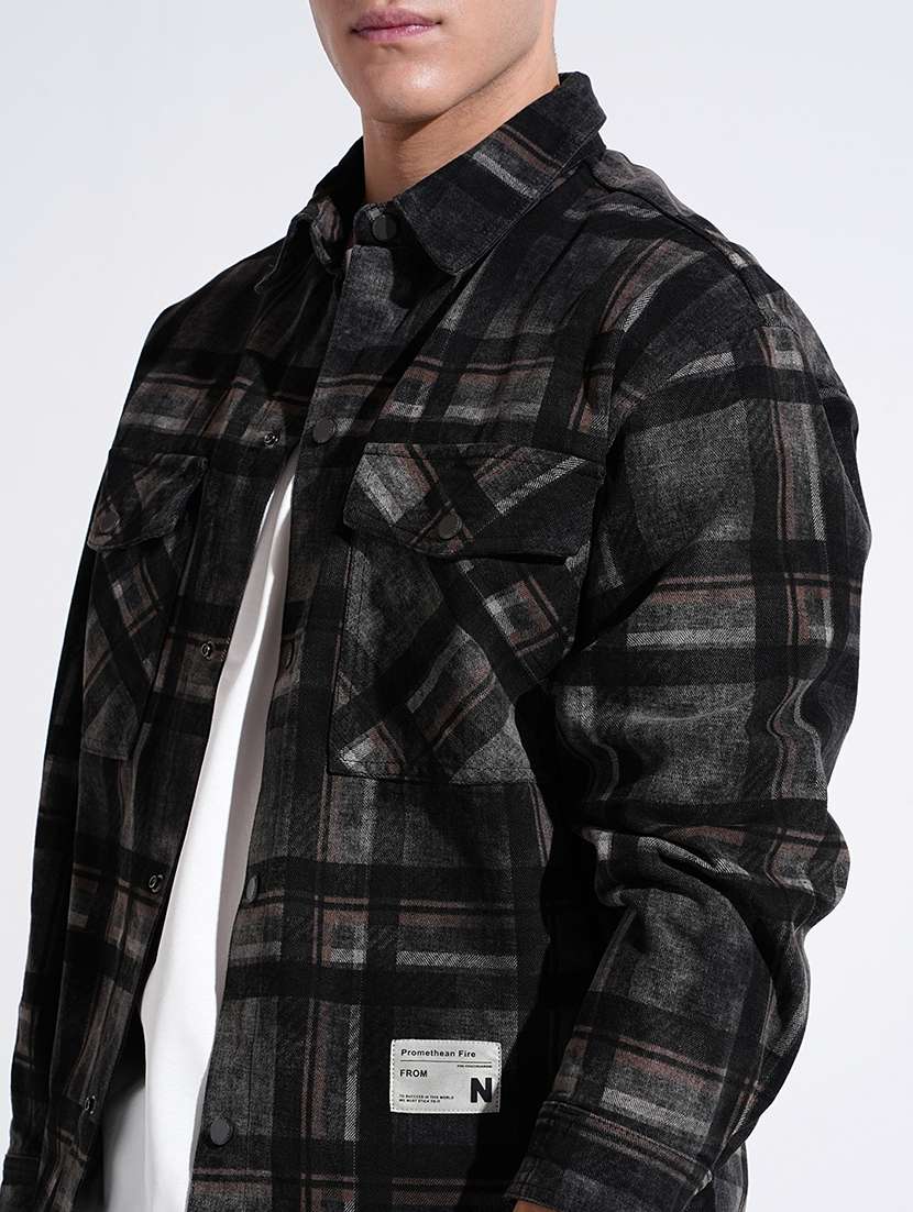 men checkered collared long sleeve shacket - 22037881 -  Standard Image - 4