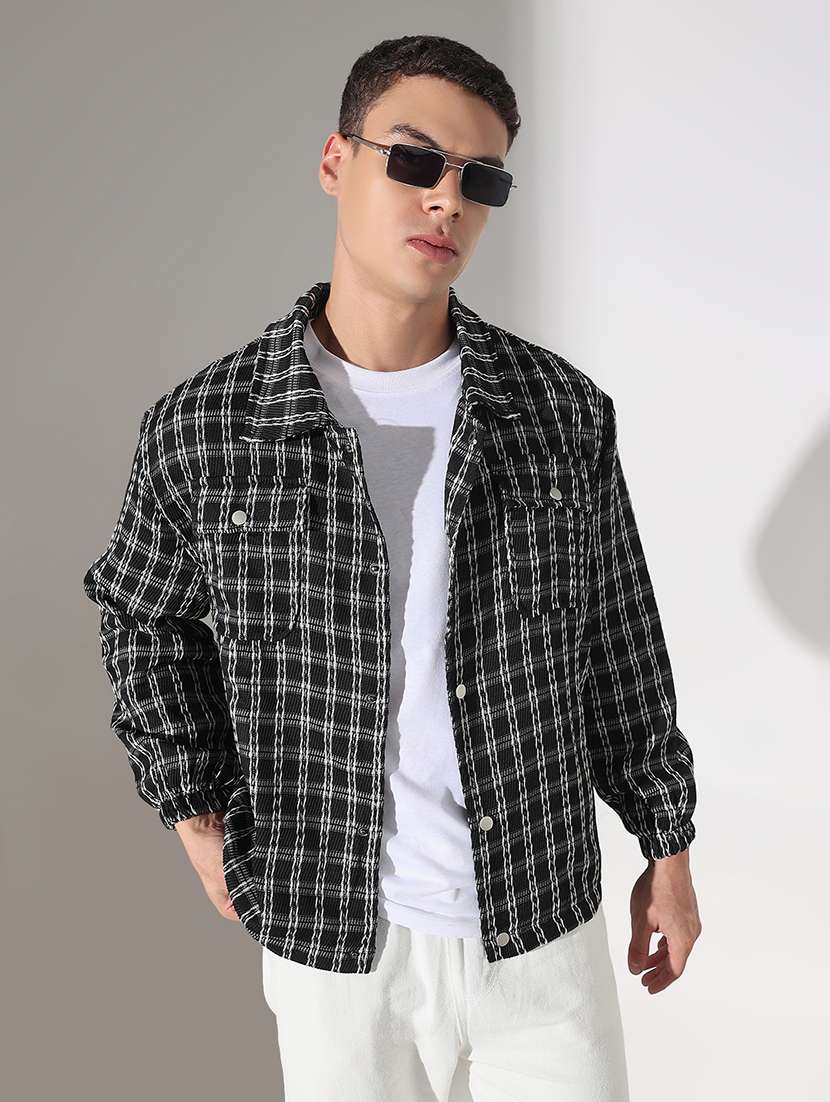 men checkered collared long sleeve shacket