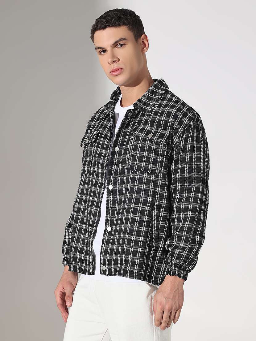 men checkered collared long sleeve shacket - 22037888 -  Standard Image - 1
