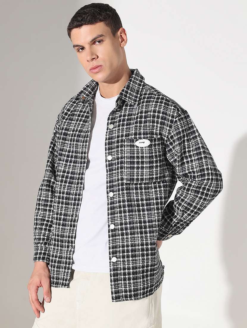 men checkered collared long sleeve shacket - 22037890 -  Standard Image - 1