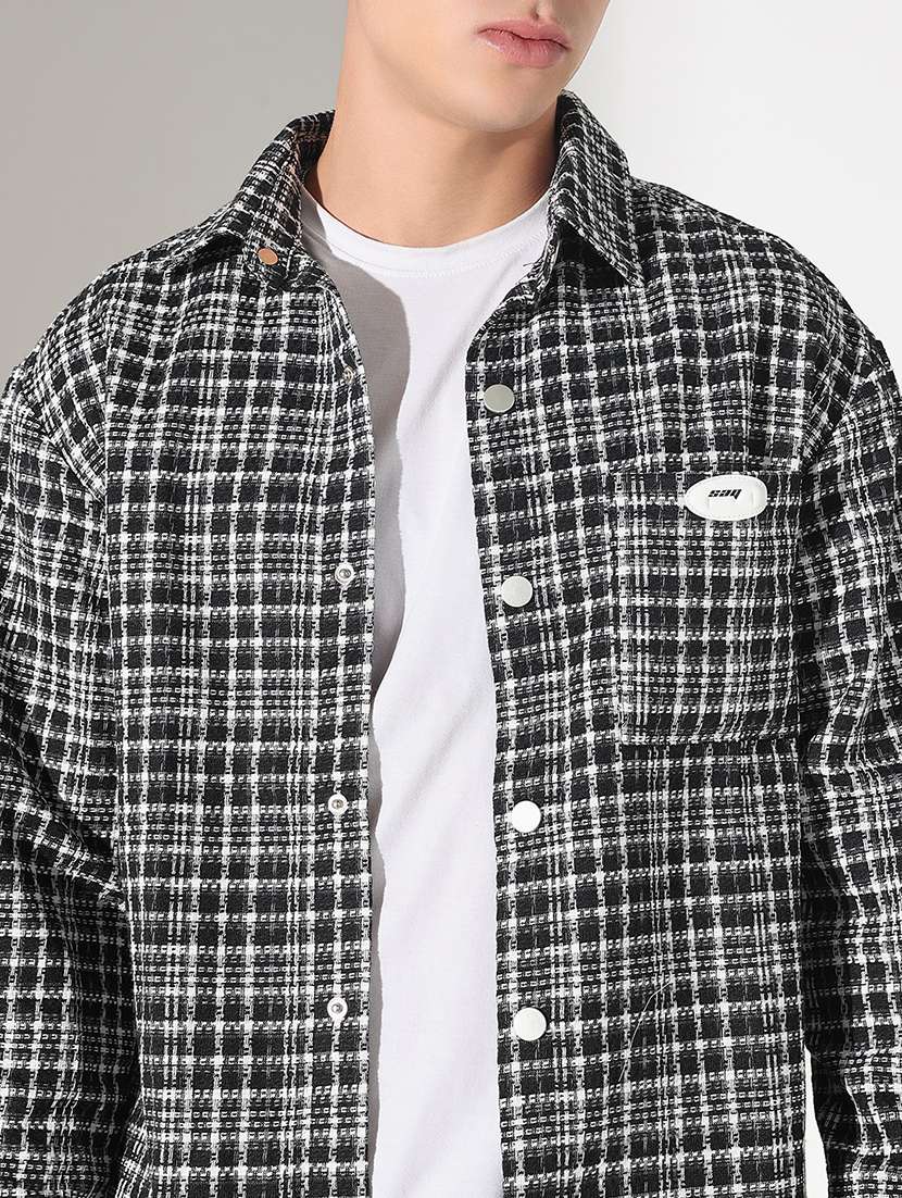 men checkered collared long sleeve shacket - 22037890 -  Standard Image - 4