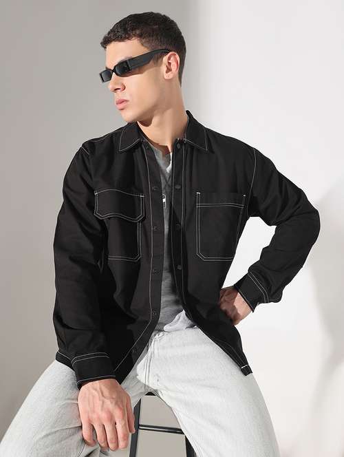 men solid collared long sleeve shacket - 22037891 - Standard Image - 0