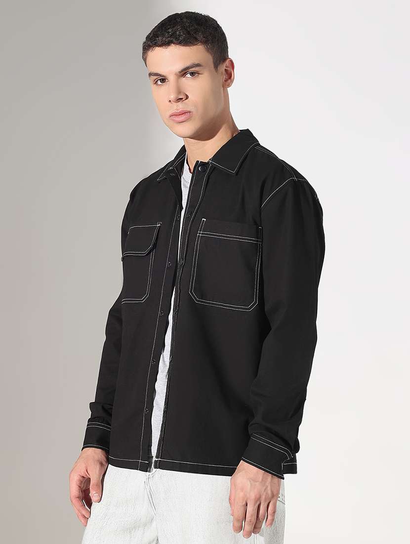 men solid collared long sleeve shacket - 22037891 - Standard Image - 1