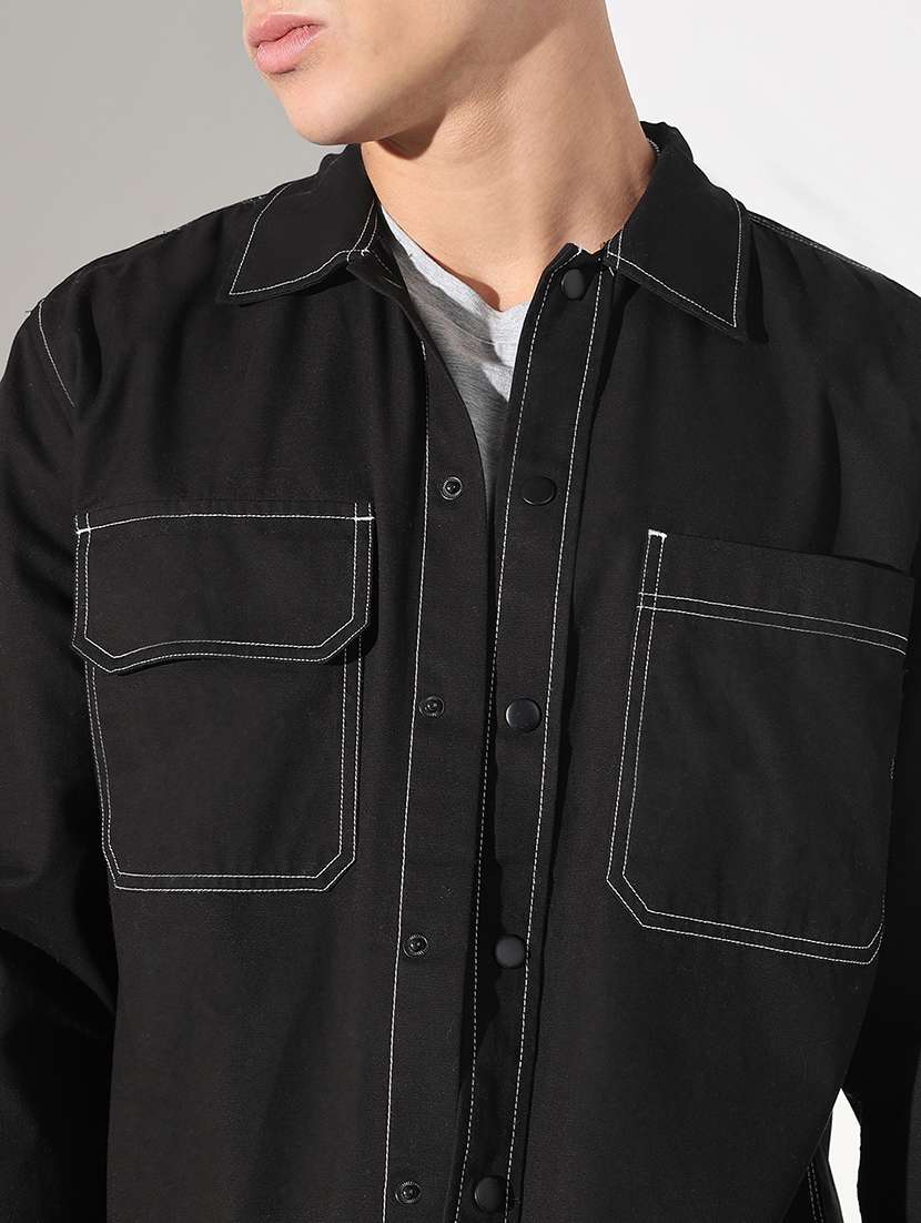 men solid collared long sleeve shacket - 22037891 - Standard Image - 4