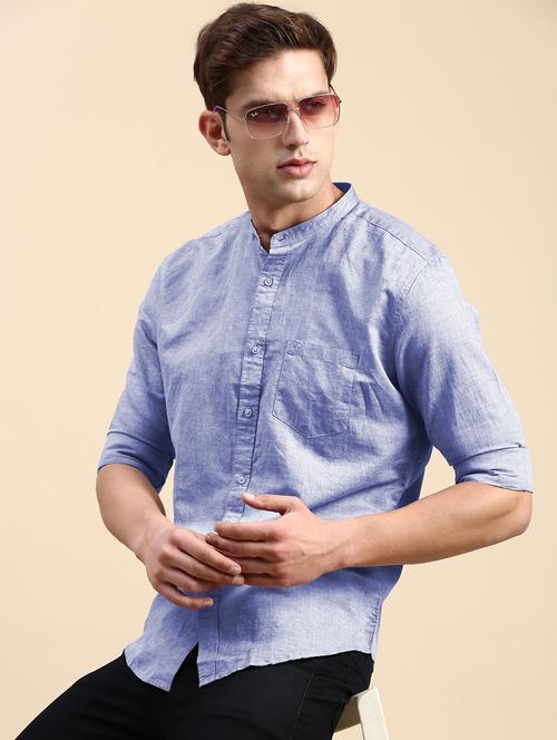 men solid mandarin collar long sleeve shirt - 22037892 - Standard Image - 0