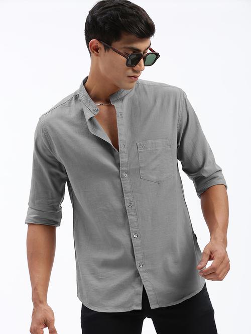 men solid mandarin collar long sleeve shirt  - 22037894 -  Standard Image - 0