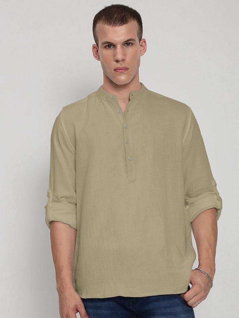 men solid mandarin neck long sleeve short kurta - 22037895 - Standard Image - 1