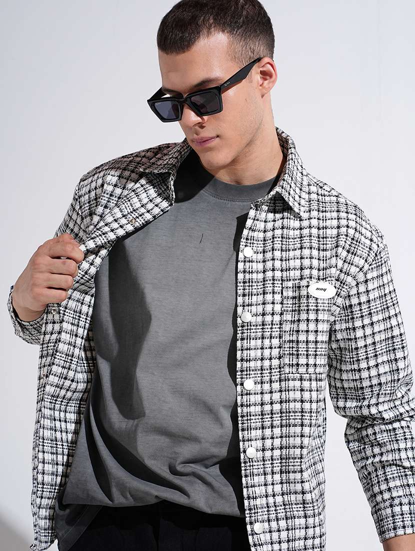 men checkered collared long sleeve shacket