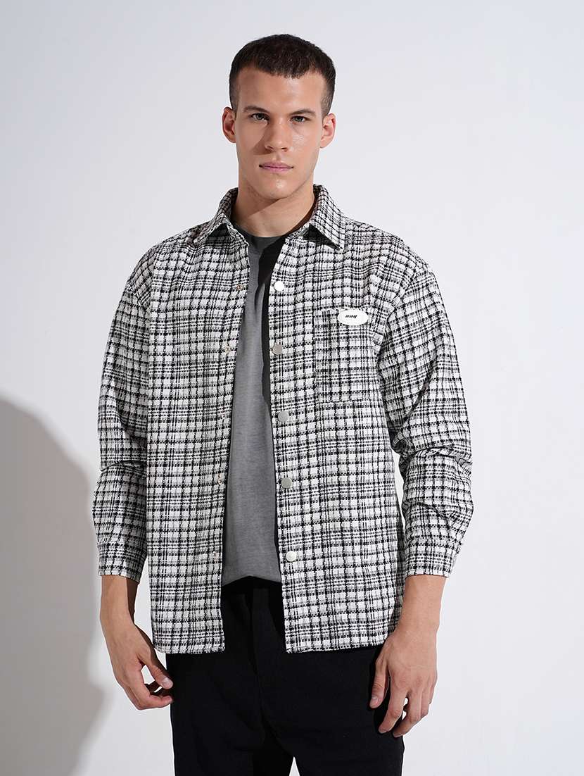 men checkered collared long sleeve shacket - 22037896 -  Standard Image - 1