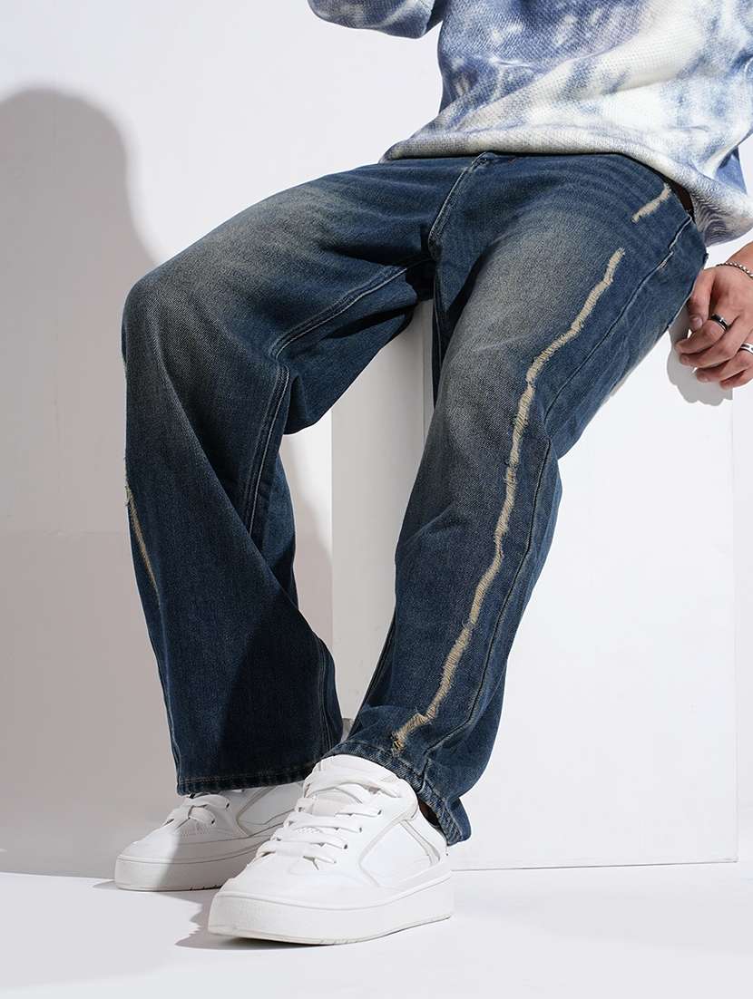 men solid mid rise baggy fit jean