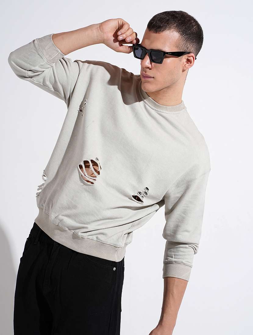 men solid distressed long sleeve sweatshirt