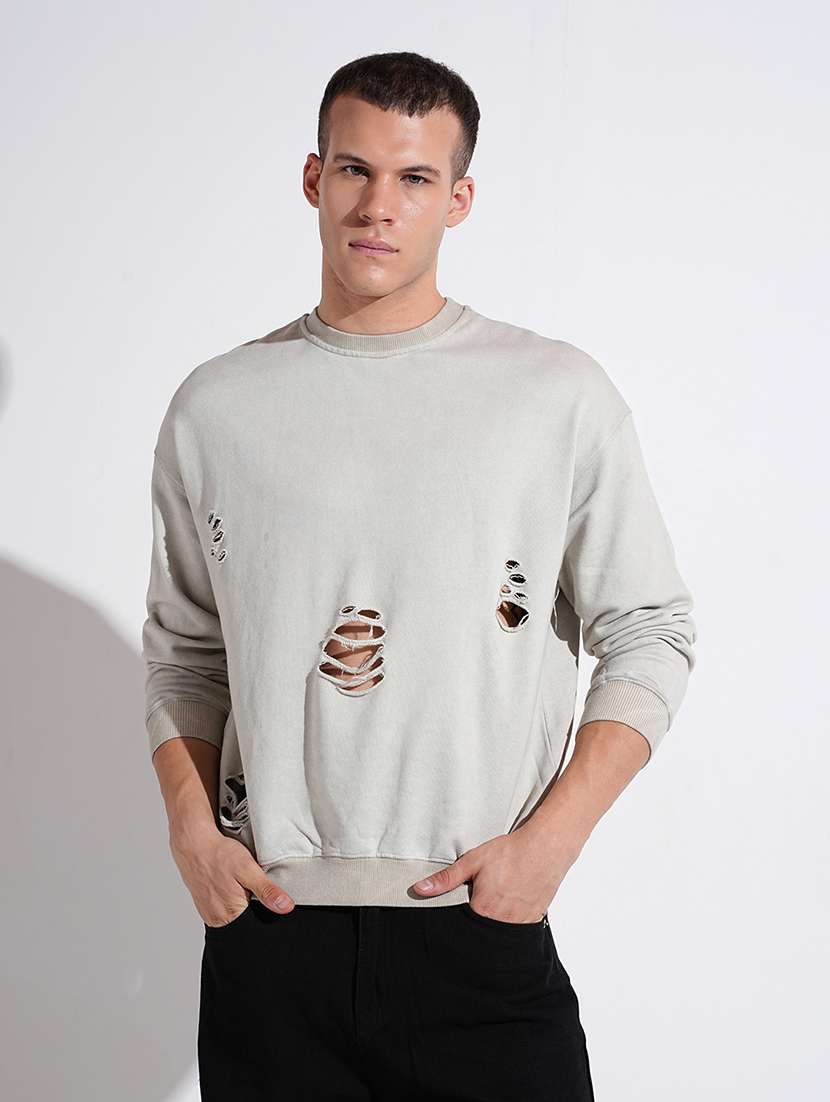 men solid distressed long sleeve sweatshirt - 22037913 - Standard Image - 1
