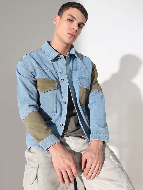 men color blocked collared long sleeve denim jacket - 22037965 - Standard Image - 0