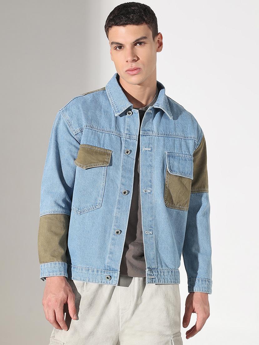 men color blocked collared long sleeve denim jacket - 22037965 - Standard Image - 1