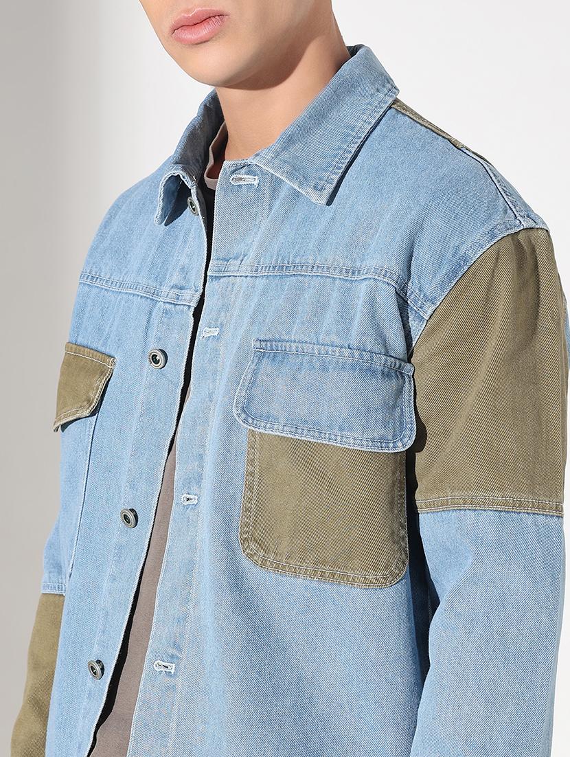 men color blocked collared long sleeve denim jacket - 22037965 - Standard Image - 4
